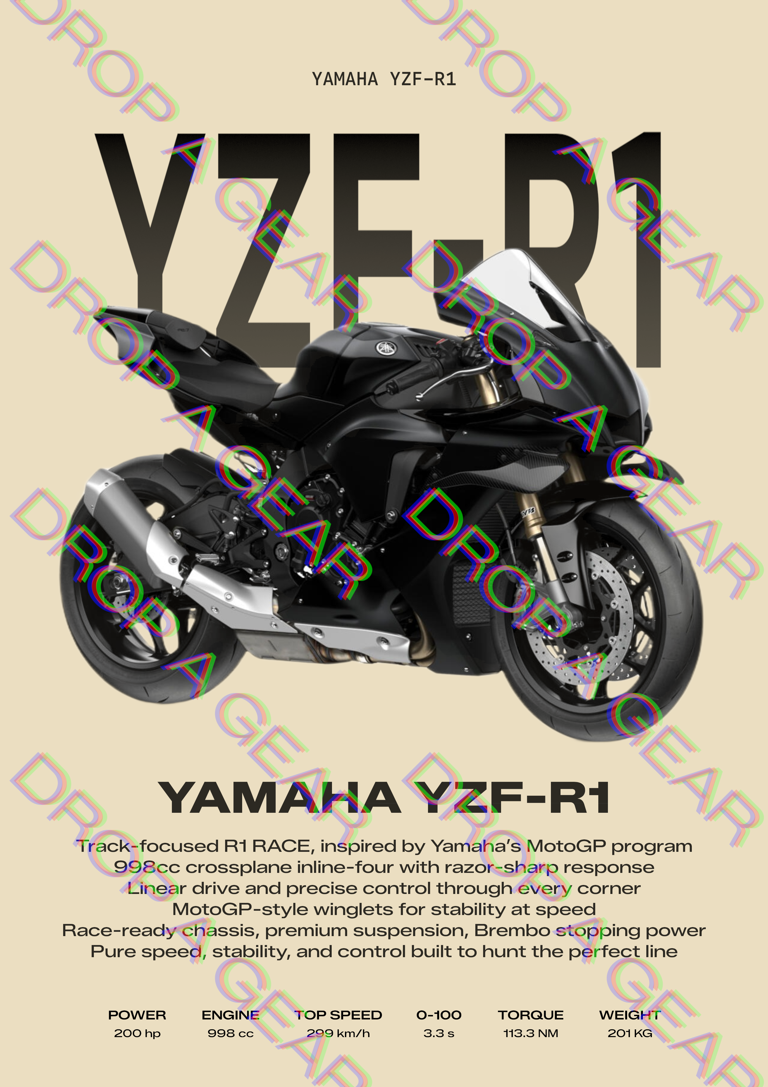 Yamaha R1 RACE Backprint Hoodie - Spec Card